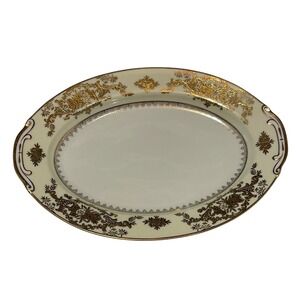 Wiss China Serving Platter Cream Gold Porcelain Vintage 12" Oval Floral Japan